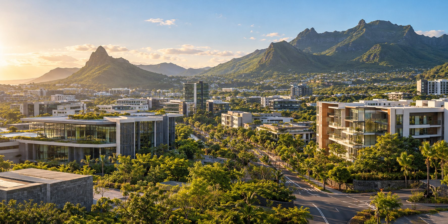 Illustrative Ansicht eines modernen Stadtviertels und der Berge auf Mauritius